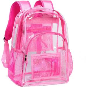 Vorspack Clear Backpack Heavy Duty PVC Transparent Backpack with Reinforced Strap for College Workplace - Pink (Large)