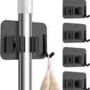 Nacena 4 Pack No Drill Self Adhesive Broom Mop Holder Wall Mount with Hooks, Heavy Duty Stainless Steel Organizer for Kitchen Bathroom Garage Storage, Black