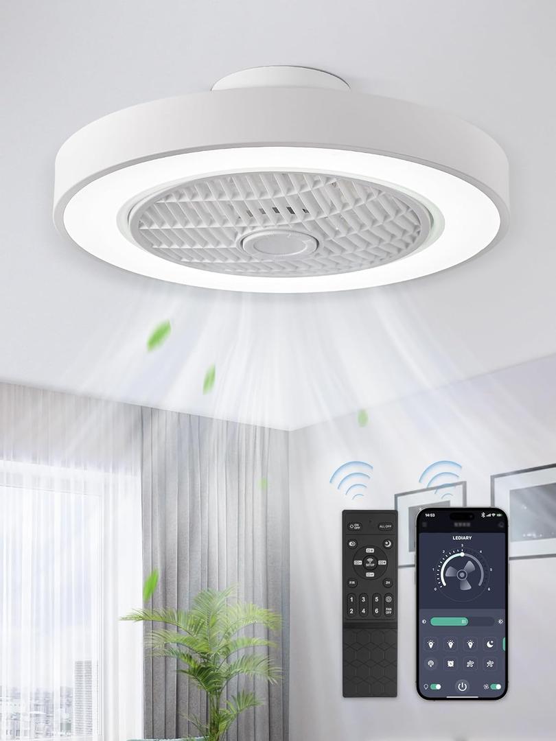 LEDIARY 20 Inch Low Profile Ceiling Fan With Light, Led Bladeless Ceiling Fans, Remote Control Enclosed Flush Mount Ceiling Fan With Timming, 3000-6000K, 6 Wind Speed, 3000LM, 57W-White
