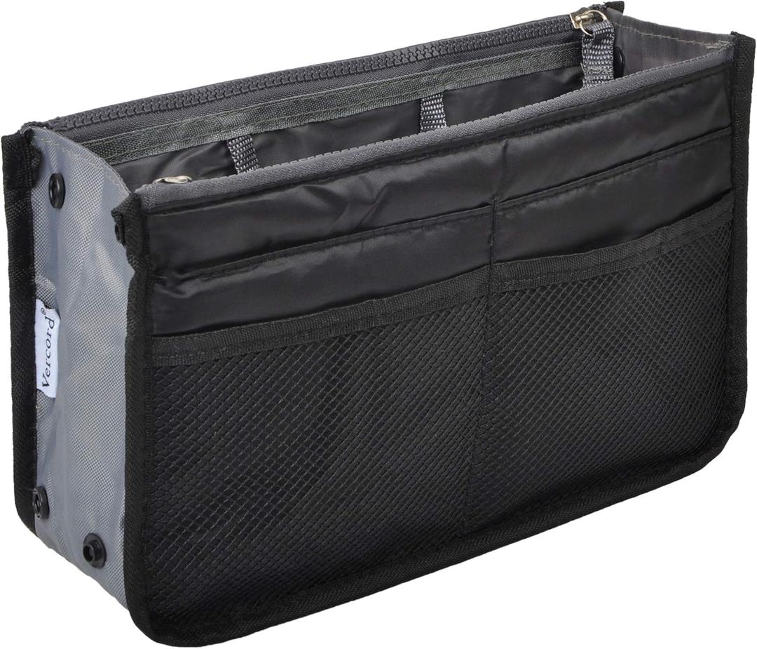 Vercord Purse Organizer Insert for Handbags Bag Organizers Inside Tote Pocketbook Women Nurse Nylon 13 Pockets Black Small