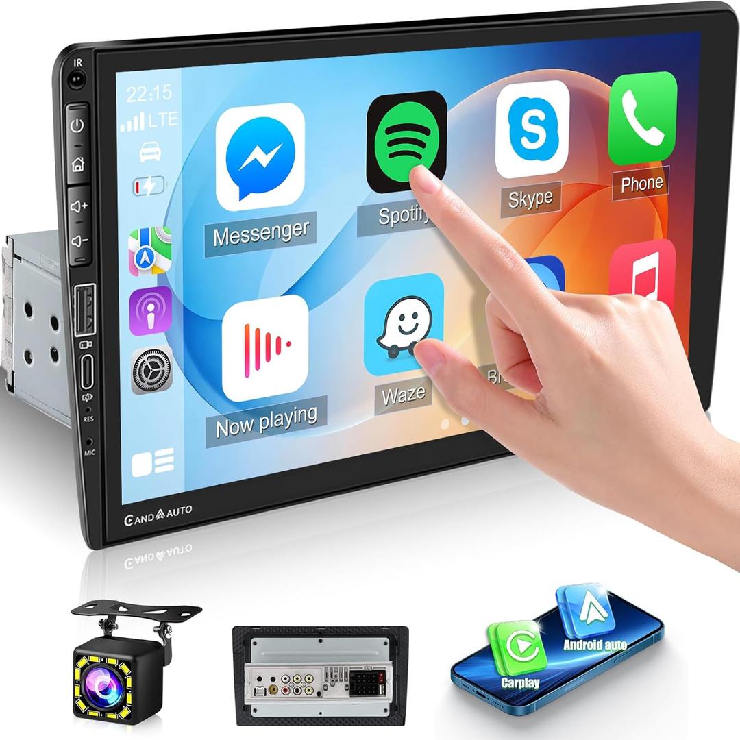 Single Din Car Stereo with Carplay & Android Auto, 9 inch Touchscreen Car Radio with Bluetooth FM Radio Mirror Link for iOS/Android USB/Type-C Input SWC Backup Camera Remote Control