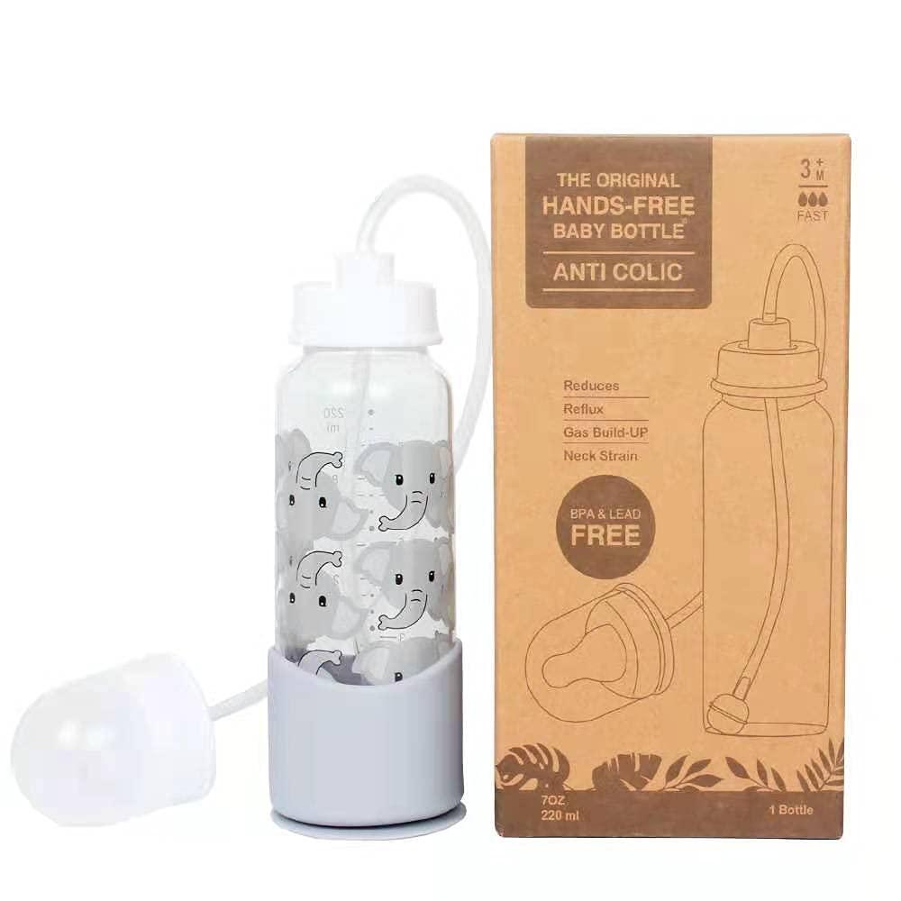 Hands-Free Baby Bottle - Anti-Colic Nursing System 7 oz Baby Bottle with Fast Flow Nipple/Teat 3m+ with Tube Straw Feeding System for Toddler 1 Year+ (1 Bottle - Elephant)