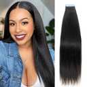 16 Inch Tape ins Human Hair Extensions Yaki Straight for Black Women Girls with Thin/Short Hair Natural Texture Invisible Seamless Skin Weft add Hair Length&Volume #Natural Black 40g 20pcs/Pack