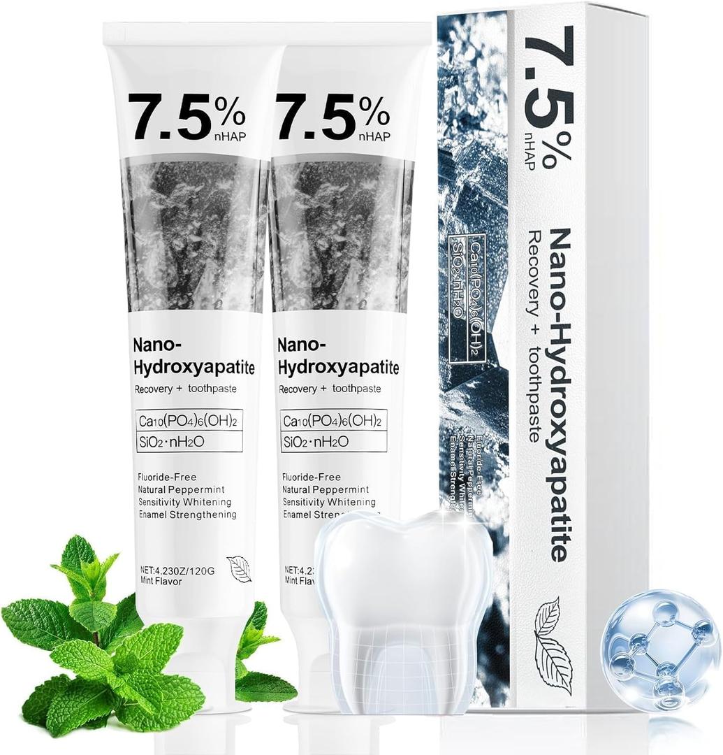 2 x 7.5% Nano Hydroxyapatite Toothpaste Helps Remineralize, Protects Enamel, Dentist-Formulated Whitening Toothpaste for Sensitive Teeth, Natural Peppermint, Fluoride-Free (2Pack, Natural Peppermint)