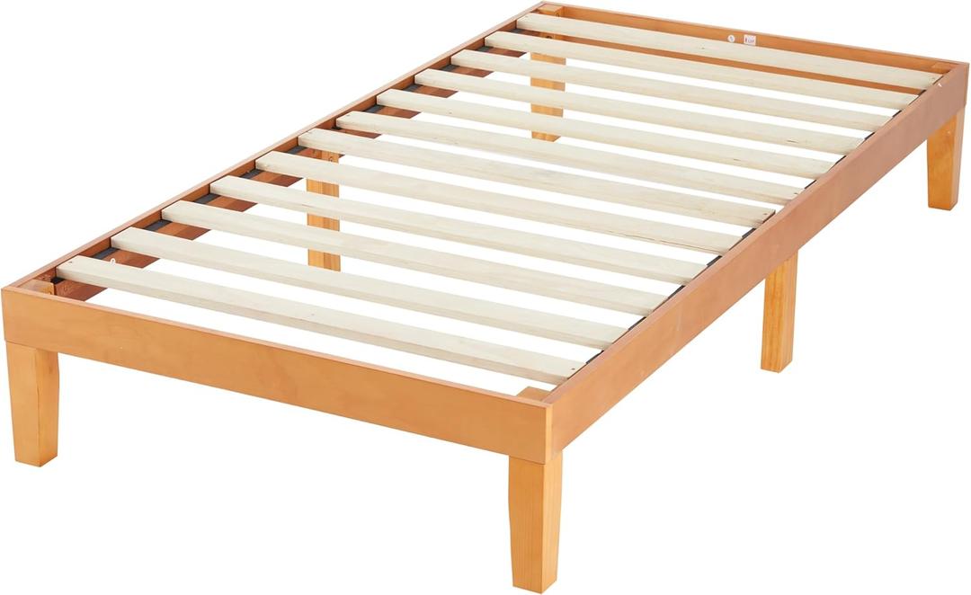Simple Deluxe Twin Size Wood Bed Frame, 12 Inch Wooden Platform Bed with Support Slats, No Springs Required, Storage Space Under The Durable Bed Frame, Natural Pine