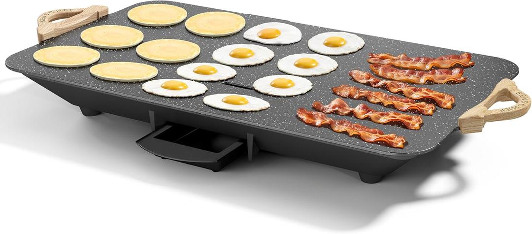 12x20inch Electric Griddle by BBQ Masters, 1700W Fast Even Heating, ILAG Granite Nonstick, Sloped Cooking Surface, Frameless Design for Easy Cleaning, Great for Family Gatherings, Black