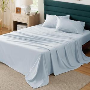 Bedsure 100% Cotton Percale Sheets Queen Size, Queen Sheet Set with Deep Pocket Up to 16 Inches, Breathable & Crirsp Soft, Bedsheet & Pillowcase Sets, 4 Pieces, Blue (07 - Sky Blue)