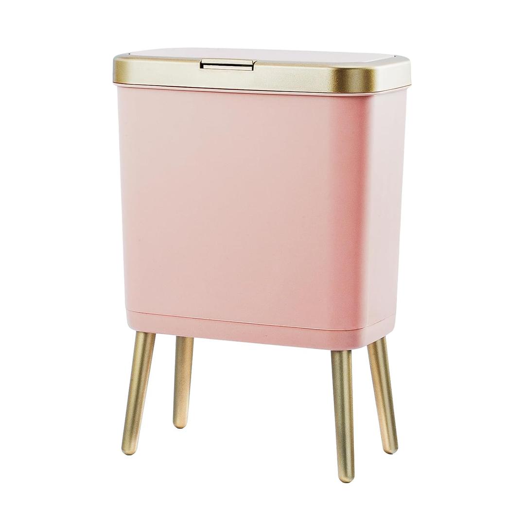 Procade Bathroom Trash Can with Lid, 4 Gallon Pink Garbage Can, Tall Plastic Trash Bin with Push Button, Slim Gold Trash Can Waste Basket for Room, Bedroom,Office,Kitchen (Pink)