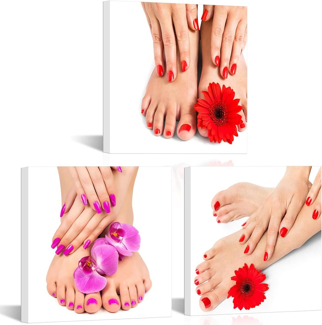 HOMEOART Beauty Salon Decor Pedicure & Manicure Poster Canvas Art Prints Nail Salon Wall Decor, Framed 12"x12"x3 Pieces