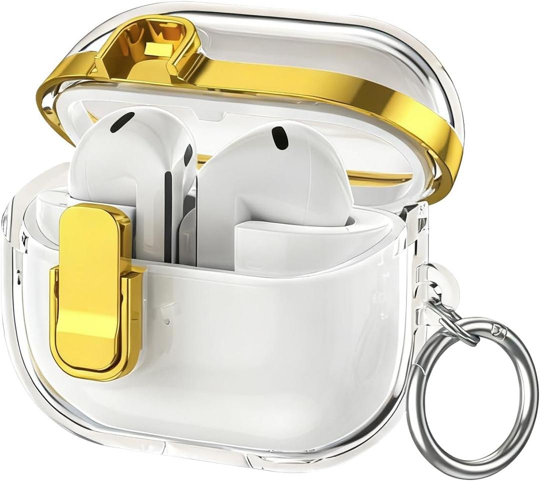 Miimall Compatible with Samsung Galaxy Buds 3/Buds 3pro/Buds3 FE Case with Secure Lock Clip, Clear Shockproof Electroplating Protective Cover for Galaxy Buds 3 / Buds3 pro/FE with Carabiner(Gold)
