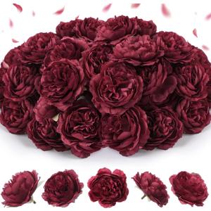 50 Pcs Artificial Flowers, 3.2 Inches Silk Rose Head Flowers Fake No Stem for Wedding Bridal Bouquet Home Floral Decor DIY Centerpieces Arrangements Party Tables Decoration(Burgundy)
