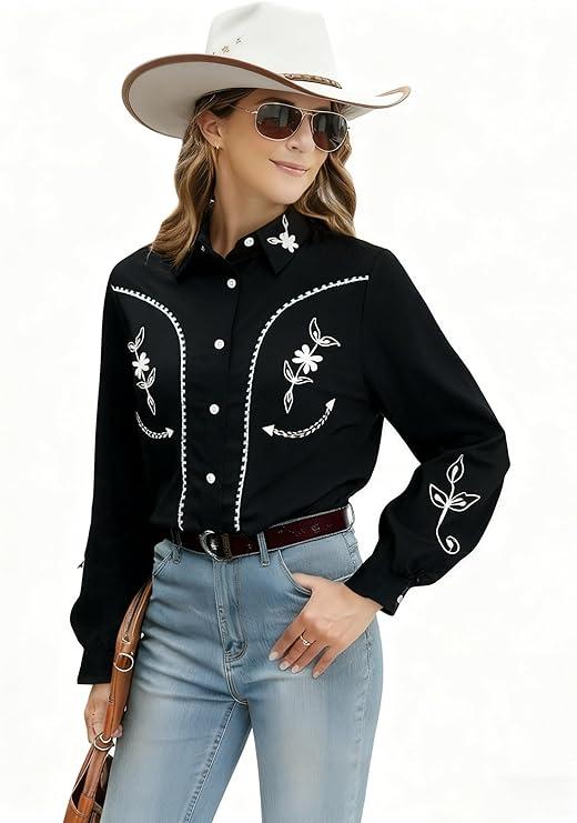 Western Shirts for Women Cowgirl Cowboy Button Down Tops Floral Print Long Sleeve Snap Western Outfits, M