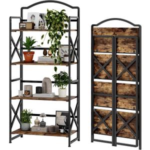 Vintage Multifunctional Folding Bookshelf, No-Assembly Plant Stand Storage Rack Shelves for Home Office, 4-tier X