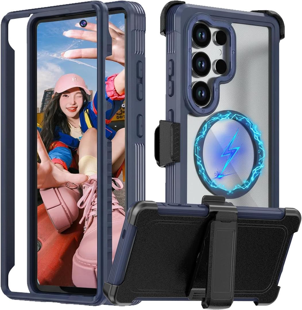 for Samsung Galaxy S26 Ultra Clear Case with Belt Clip Holster, Compatible with Magsafe, Military Grade Shockproof Cover with Swivel Holster & Kickstand for Galaxy S26 Ultra QSF-Blue