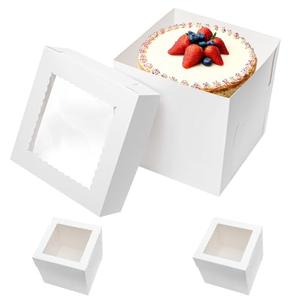 Wowxyz 12 Pack Tall Cake Boxes for Tier Cakes 10x10x10 Inch Disposable Layer Tall Baking Carrier with Window Large Cardboard Tierd Bakery Take Out Transport Containers for Wedding, Birthday, Party