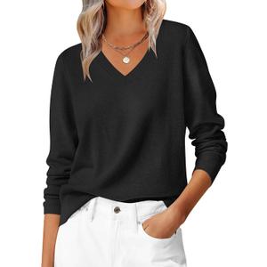 ANRABESS Womens Long Sleeve V Neck Sweaters 2025 Fall Casual Classic Soft Loose Fit Basic Pullover Jumper Top (L, Black)