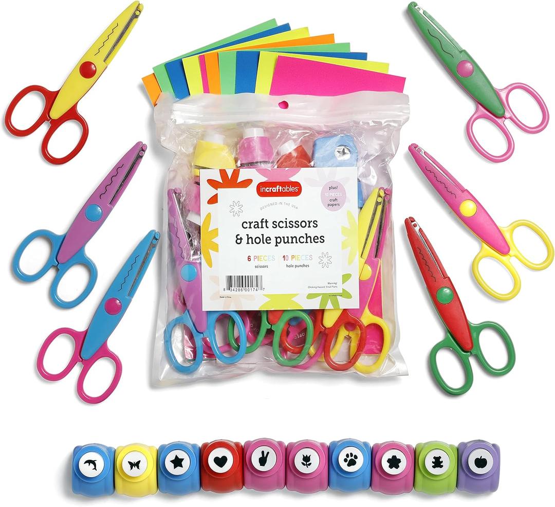 Incraftables 6pcs Decorative Pattern Edge Craft Scissors 10pcs Small Paper Hole Punch Shapes 10pcs Colorful Papers. Best for Fun DIY Scrapbooking Crafting Projects for Kids Adults.
