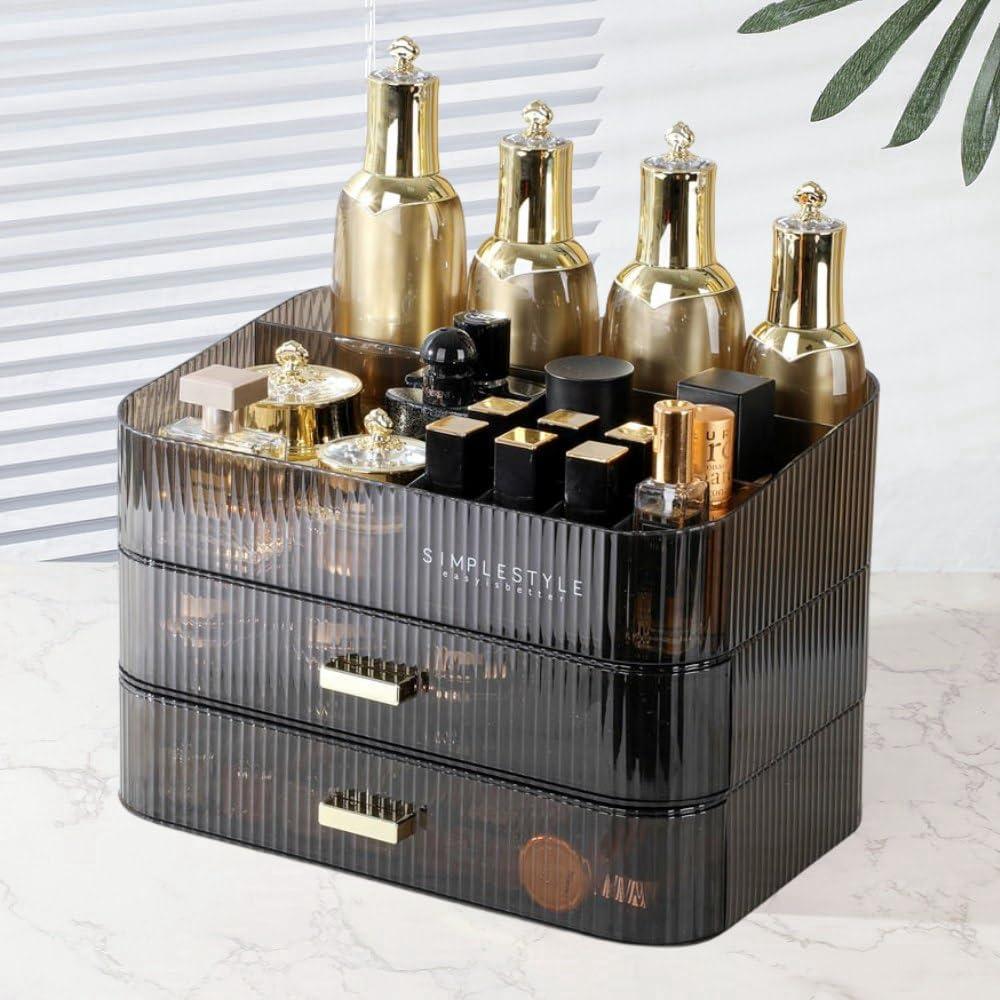 Makeup Organizer with Drawers Stackable Skincare Cosmetic Makeup organization for vanit Bathroom Desk Countertop (Black 1 tray+2 drawer)