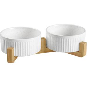 Non-Slip Ceramic Dog Bowls with Wooden Stand,8" Dog Food and Water Bowl Set with Silicone Base, 64 OZ/8 Cups Weighted Flip-Proof Pet Feeding Bowl for Small Dogs and Cats (Large,White)