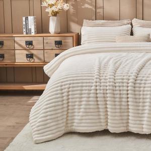 Fluffy Comforter King Set - Soft Flannel Faux Fur Comforter Cream White Winter Warm Fleece Bedding Set, Fuzzy Bed Bet 3 Pieces, 1 Shaggy Comforter with 2 Pillowcases