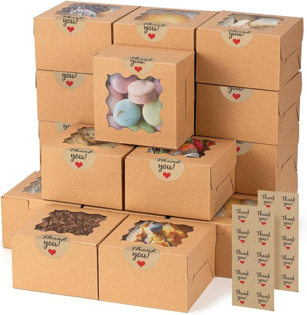 50pcs Brown Cookie Boxes with Window, 4x4x2.5 Inches Small Treat Boxes, Kraft Grease-proof Film Paper Bakery Boxes, Pastry Boxes for Dessert, Strawberries, Cupcake, Gift Giving