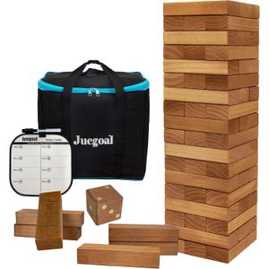 Juegoal 54 Pieces Giant Tumble Tower Blocks Game Giant Wood Stacking Game with 1 Dice Set, Gameboard, Canvas Bag for Adult, Kids, Family, Brown (Large)