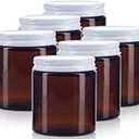 (6 pack) 4 oz / 120 ml Amber Thick Glass Jar with White Metal Airtight Lid