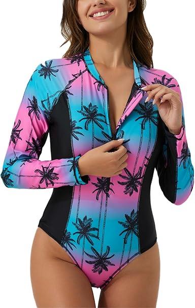 Ecupper Women's One Piece Rash Guard with Built in Bra UPF50+ Zip Long Sleeve Surfing Athletic Swimsuit Size 20