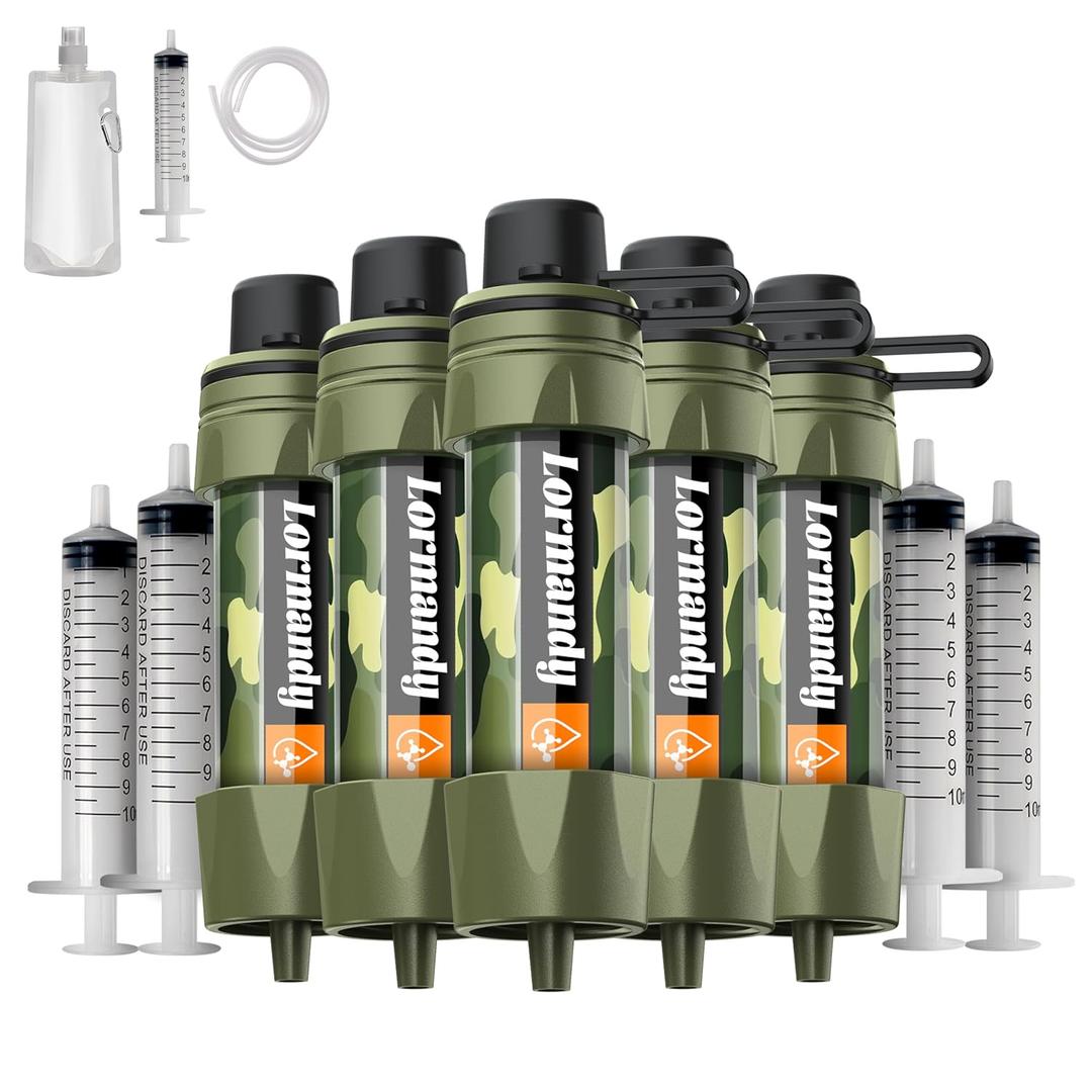 Straw Water Filter 5 Pack Outdoor Camping & Hiking Survival Gear Kit for Family Use, Ultra-Light Personal Filter Straws for Backpacking, Travel, Bug-Out Bags and Emergency Preparedness