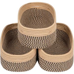 CubesLand Small Baskets, Storage Baskets for Organizing Shelves, Rectangular Woven Storage Baskets Natural Cotton Rope Toy Storage Bins Closet Baby Baskets Empty Gifts Baskets Camel/Mixed Black