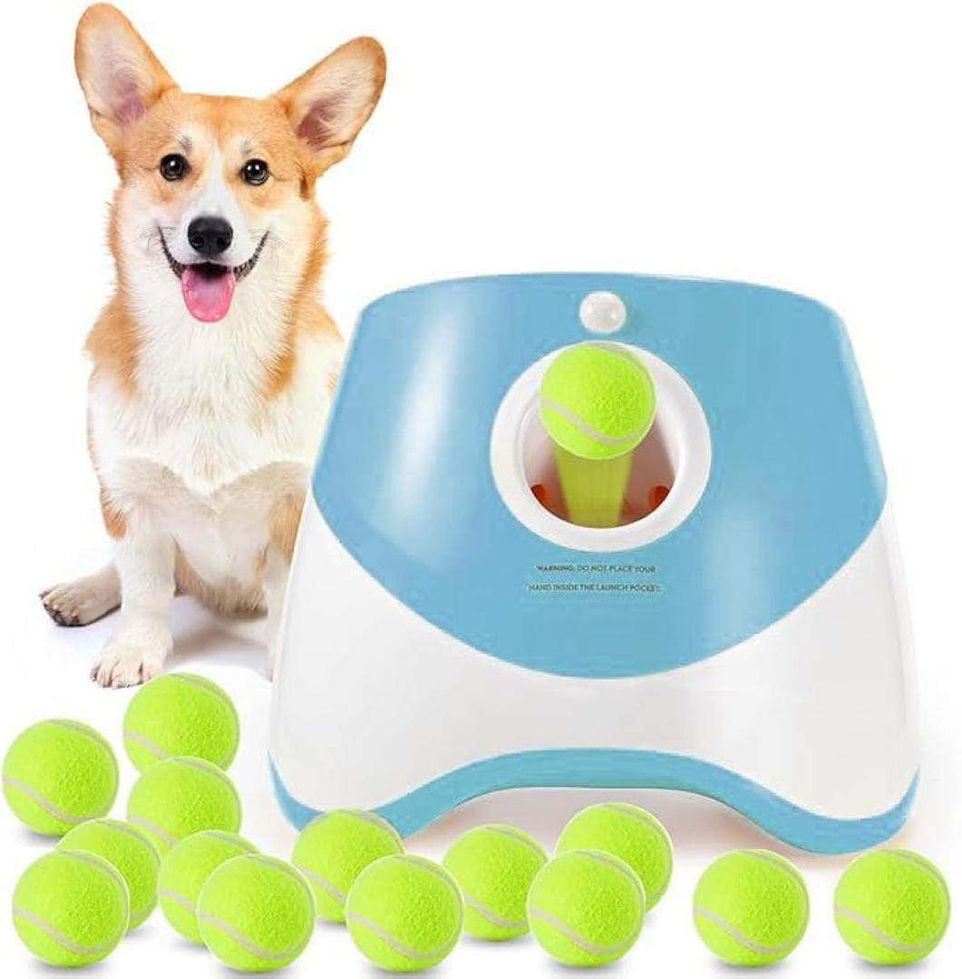 Automatic Dog Ball Launcher, Dog Ball Thrower Machine with 10-30Ft 3 Launching Distance, Interactive Toys for Small Dogs Indoor & Outdoor with 12 Mini Tennis Balls (2 inch) -Blue