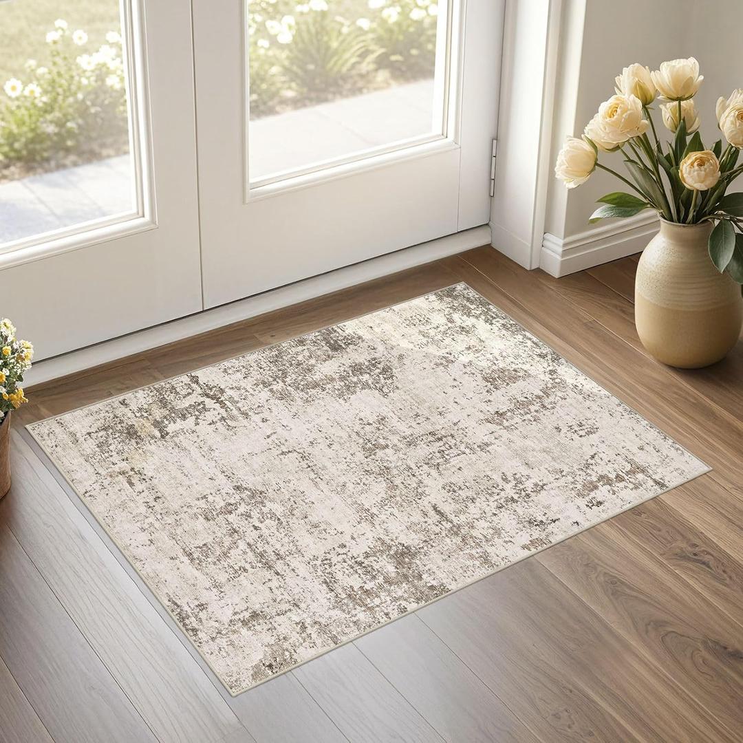 UERMEI 2x3 Entryway Area Rug: Washable Neutral Modern Abstract Small Rug - Non-Slip Low Pile Throw Indoor Carpet for Entrance Kitchen Front Door Mat Bathroom Entry Kids Room - Dark Brown
