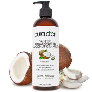 PURA D'OR 16 Oz ORGANIC Fractionated Coconut Oil  USDA Certified  MCT Oil  Therapeutic, Hydrating, Lightweight Moisturizer  Hexane Free Carrier Oil For Essential Oils & Massage  Face, Hair & Body