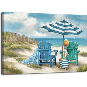 LAIART Blue Ocean Canvas Wall Art Decor Beach Chair Picture PrintsRelaxing Seascape Artwork (24L" x 16W")