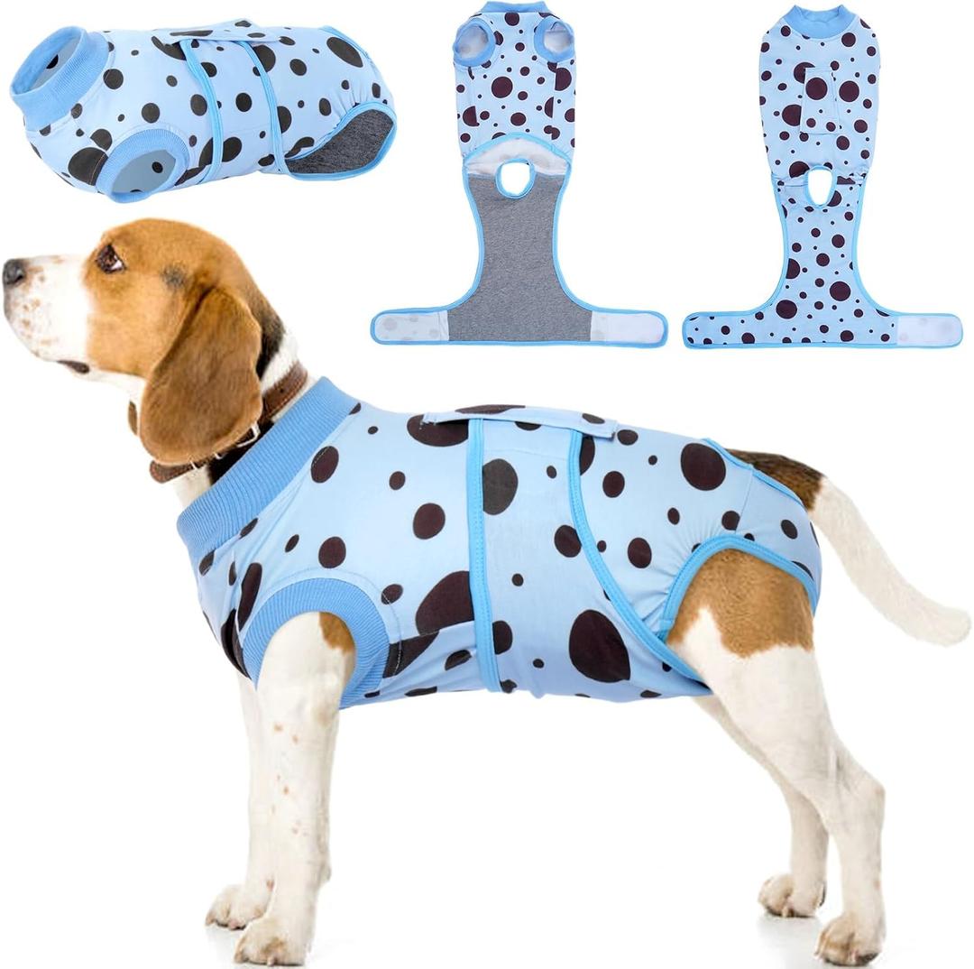 Kuoser Dog Surgery Suit, Soft Dog Spay Recovery Suit Female, Anti Licking Neuter Recovery Suit for Male Dogs, Post-Op Pet Surgical Suit Protective Wear E-Collar & Cone Alternative, Blue Polka Dots L (Large (Back: 16.1" - 20.1"; Weight: 23 - 48LB))