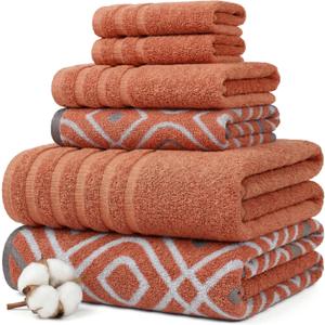 Modern Threads Classic Diamond 6-Piece 100% Cotton Towel Set  Yarn Dyed Jacquard  Includes 2 Bath Towels, 2 Hand Towels, 2 Washcloths  Absorbent, Quick Dry, Soft & Durable  Rust Orange