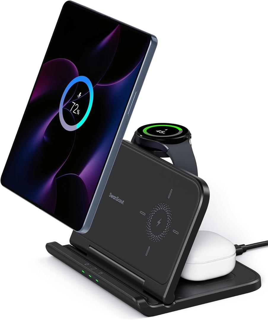 Wireless Charger Stand for Samsung Z Fold 7/Pixel 10 Pro Fold, 25W Charging Station for Samsung Galaxy Z Fold 6/5/4/3, Galaxy Watch 8/8 Classic/Ultra/7/6/5/4, Galaxy Buds, SwanScout 705S (No Adapter)