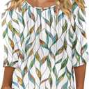KISSMODA Tunic Tops for Women Loose Fit Dressy Round Neck Pleated 3/4 Length Sleeve Spring Tops (3XL, B White Green Stripes)