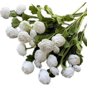 8pcs Artificial Ranunculus Asiaticus Flower Branch with Green Leaves 3 Heads Faux Peony Stem for Wedding Home Office Table Floral Decoration (White)