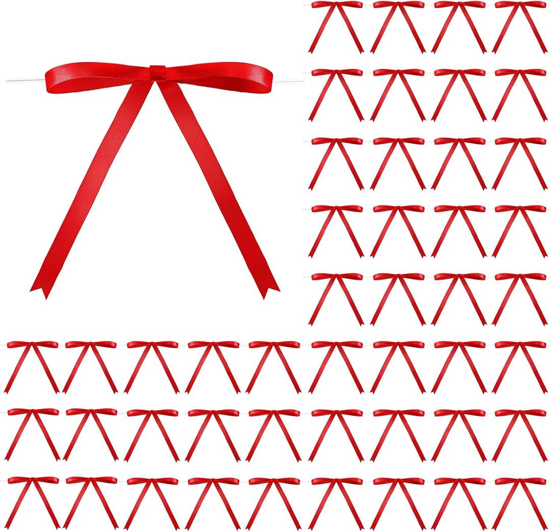 Riceshoot Red 50 Pcs Stain Ribbon Bows 5x7 Inch Twist Tie Bows for Gift Wrapping Cake Treat Bags Craft DIY Gift Wedding Baby Shower Birthday Party Decorations