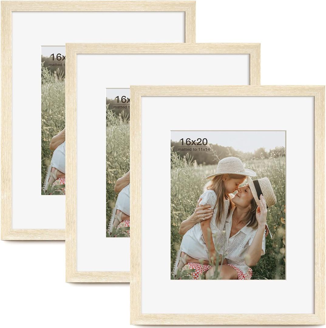 16x20 Picture Frame with Mat for 11x14 Set of 3, Natural Wood Grain 16x20 Frames for Wall Mounting (3 Pack, Natural)