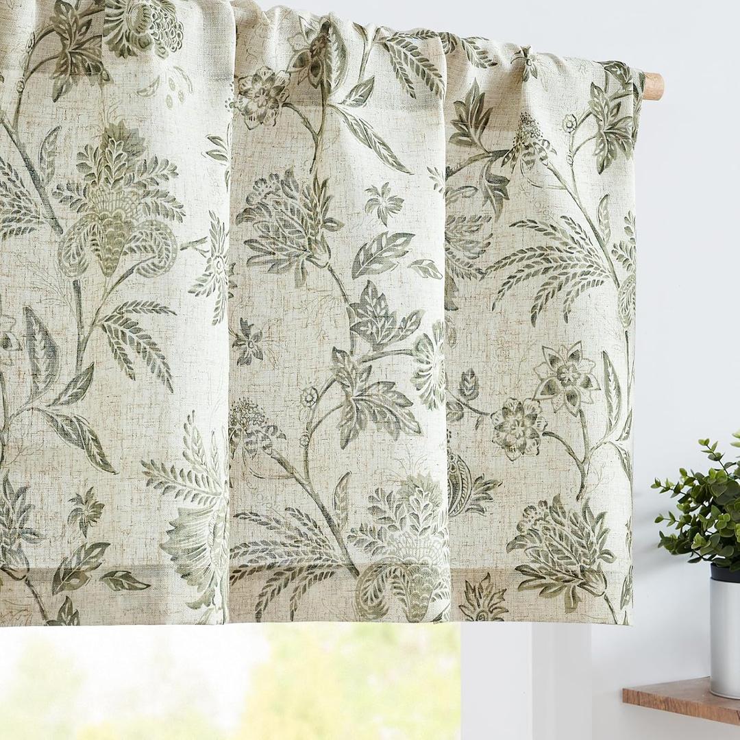 Vangao Linen Valance Curtain Farmhouse Cottage Floral Small Window Curtain Light Filtering for Kitchen Rustic Valance for Living Room Bedroom Rod Pocket 1 Panel Green on Beige 18"L x 50"W