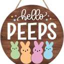 Easter Door Decorations Bunny Decor - Hello Peeps Rabbit Wall Sign - Wooden Welcome Door Hanger Wreath for Easter Decorations for the Home Party Supplies