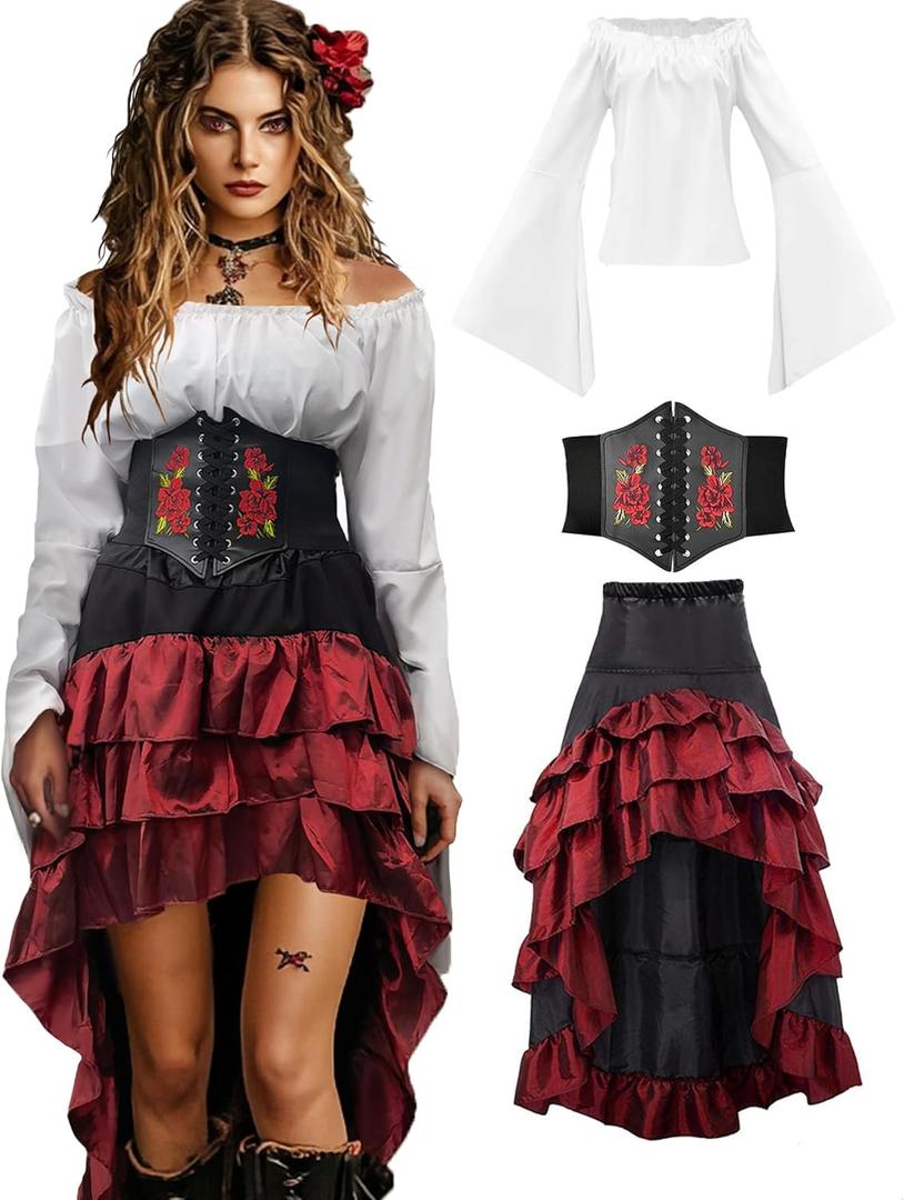 Verceco Pirate Costume Women Outfit with Renaissance Pirate Shirt Skirt Corset Waist Belt Women's Halloween Pirate Costumes (White+ Red, L)