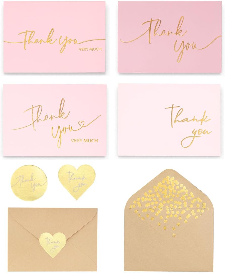 Winoo Design 100 PK Pink and Gold Thank You Cards with Envelopes Bulk - 5 x 3.5 Inches Personalized Thank You Notes for Baby Shower Wedding Small Business Graduation Funeral Birthday