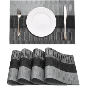 HeloHo Black Placemats Set of 4 Heat-Resistant Washable Place Mats Non-Slip Vinyl Woven Table Mats Wipeable Placemat for Kitchen Dining Table Decoration Indoor Outdoor