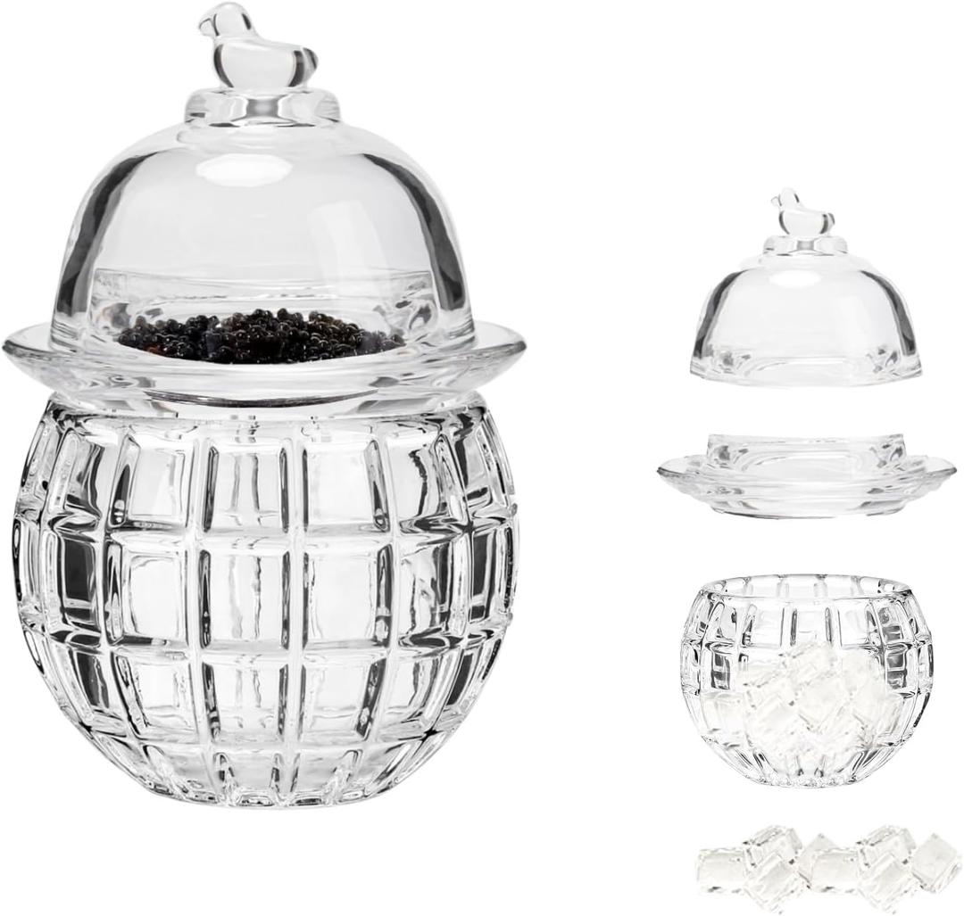 Caviar Serving Set,Chilled bowl Glass Caviar Dish With Lids, Ice Bowls to Keep Food Cold, Elegant Serving Tray for Caviar Shrimp and Party Appetizers dip bowl ice cream (Checkered)