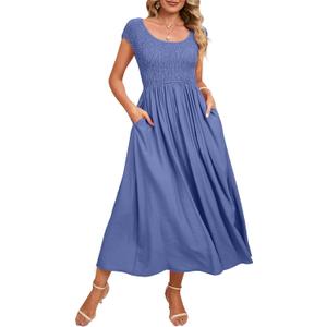 KOJOOIN Maternity Dress Summer Casual Round Neck Short Sleeve Smocked High Waist Maxi Dress with Pockets (XL, Haze Blue)