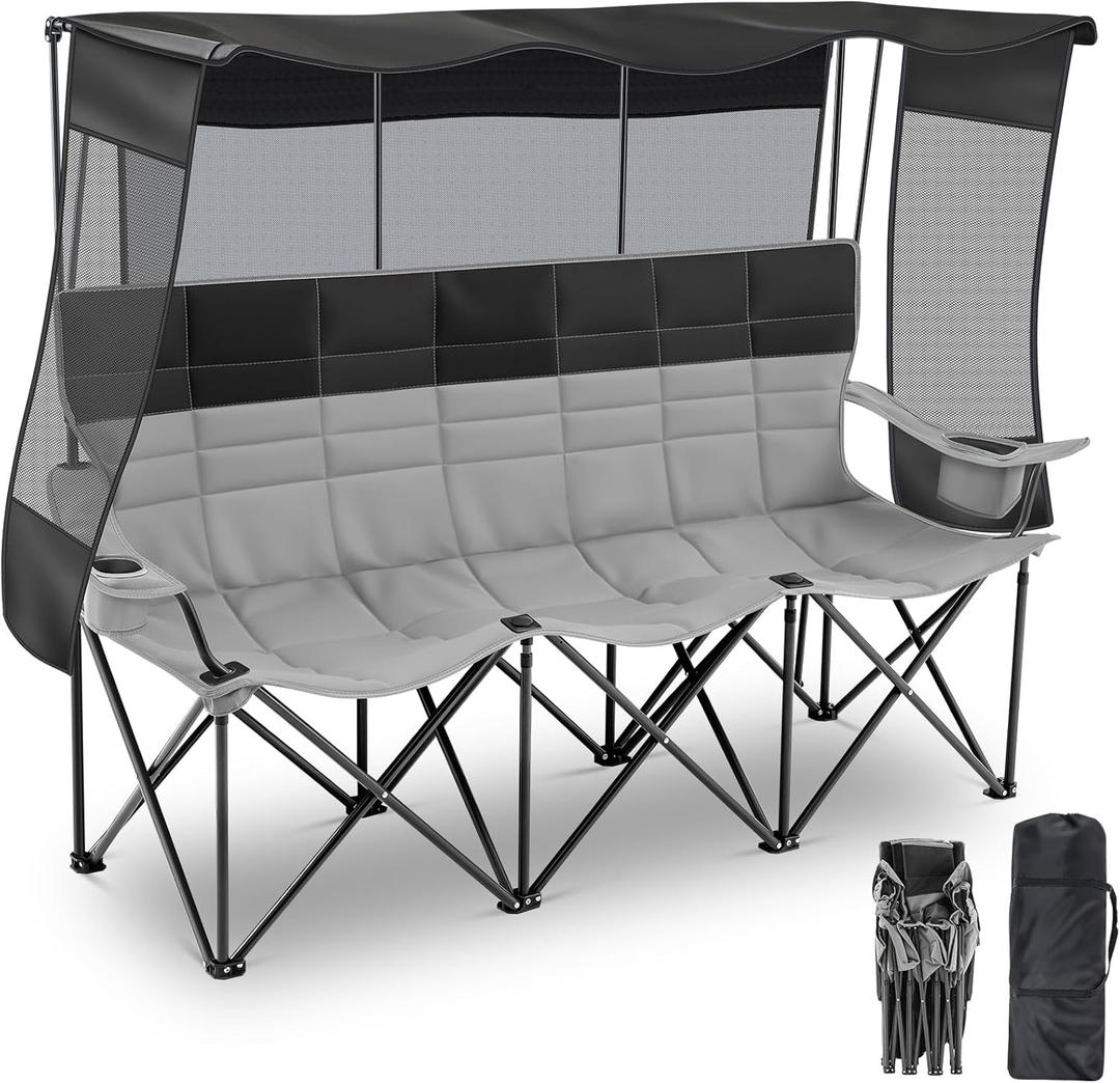 Teenyyou 3 Person Camping Chair with Canopy Shade Oversized Folding Beach Chair, 700lbs Heavy Duty Couch with Cup Holder Carry Bag for Beach Lawn Outdoor (Black and Grey, Canopy Camp)