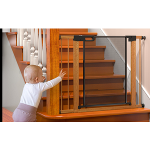 Metal Mesh Baby Gate with Wood Pattern  Extra Wide Easy Install Pressure Mounted Dog Gate for Stairs Bedroom Auto Close Pet Gate for Doorways